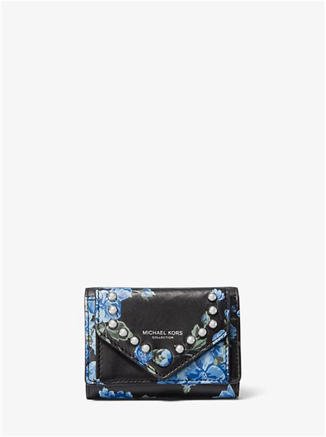 Studded Floral Calf Leather Small Pocket Wallet 